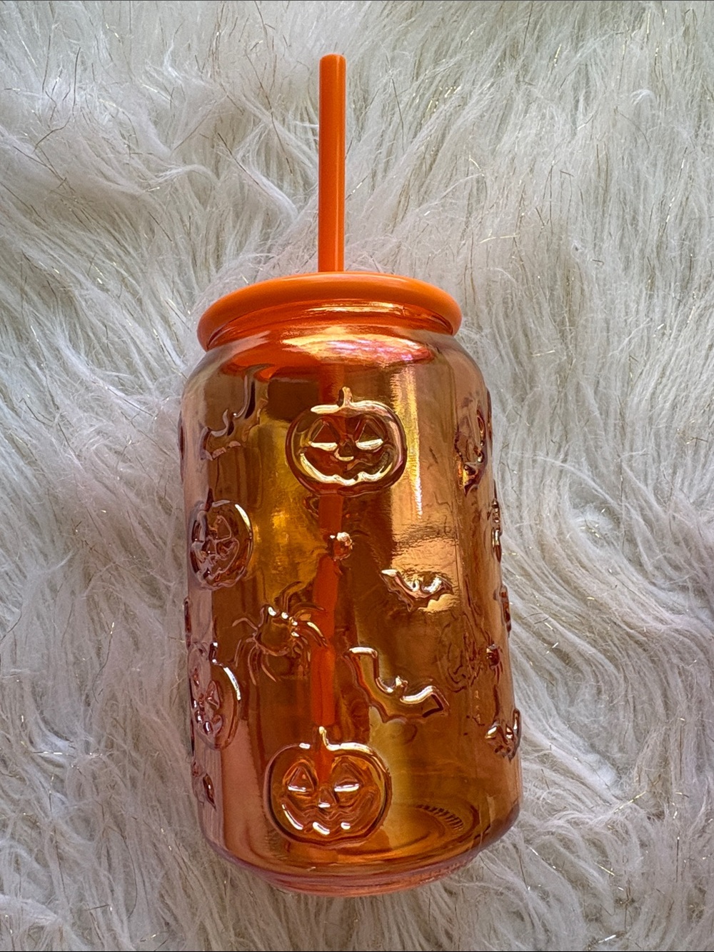 Halloween Spiderweb & Pumpkin Glass Jar Tumbler - Orange, Purple, Green - Picture 2 of 5